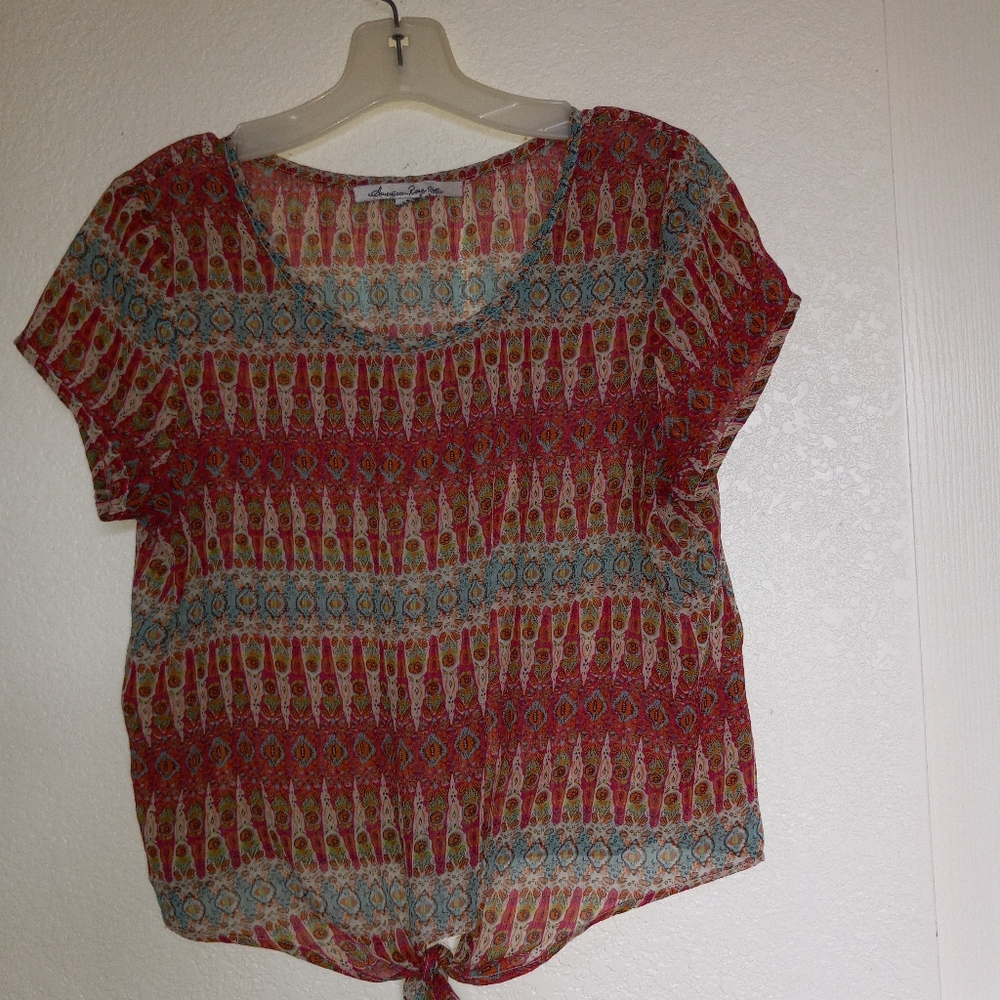 American Rag medium sheer multicolor Aztec color top women's front tie N…